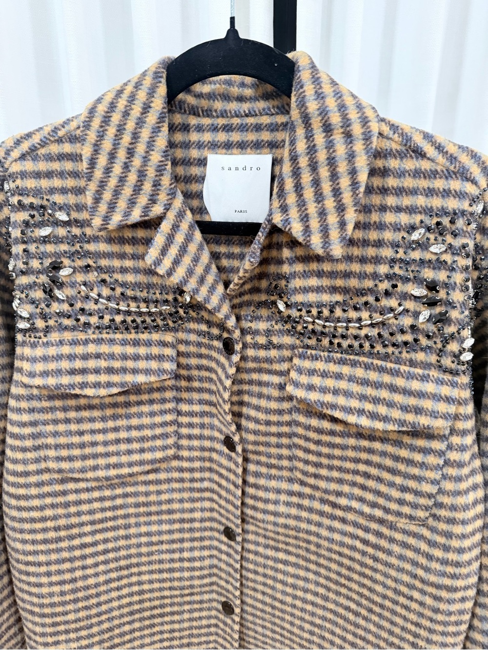 Sandro Paris Embellished Checked Wool-Blend "Brodan" Overshirt Jacket - Picture 4 of 8